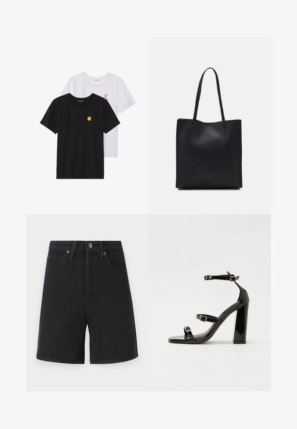 Fekete és fehér T-shirtok, kerek nyakkivágással, rövid ujjakkal. A fekete pólón sárga nap hímzés található; a fehér póló lila félhold díszítéssel rendelkezik.; Fekete farmer rövidnadrág egyenes vonalban, öt zsebes kialakítással, fémből készült gombos záródással és diszkrét varrási részletekkel. Sima szövetfelület, közepes derékmagasság.; Fekete lakk magas sarkú szandál négyzet alakú orral, bokapántokkal és ezüst csatokat tartalmaz. Masszív blokk sarka a stabilitásért felel.; Fekete bőrtáska sima felszínnel, téglalap alakú, két hosszú füllel. Nincs látható fémkiegészítő vagy díszítés.