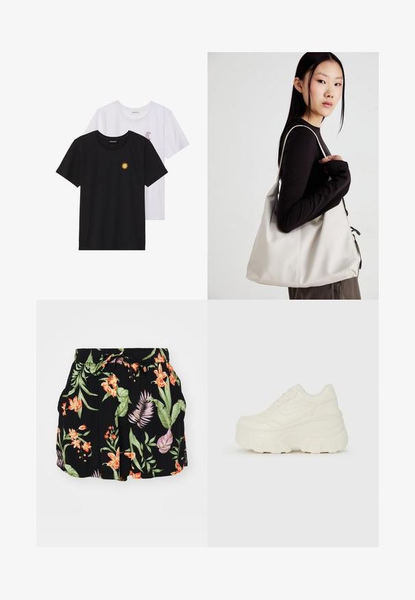 T-shirt in bianco e nero, girocollo, maniche corte. La maglietta nera presenta un ricamo di sole giallo; quella bianca ha un accento di luna crescente viola.; Pantaloni corti neri con un vivace motivo floreale con elementi arancioni e verdi, vita elastica con cordoncino, e tasche laterali.; Sneakers bianchi con piattaforma, caratterizzati da una parte superiore simile alla pelle liscia, forma arrotondata, collo imbottito e suola in gomma testurizzata con scanalature ben definite.; Borsa a mano beige realizzata in materiale morbido, caratterizzata da un design morbido, dettagli cuciti e due manici. Adatta per l'uso quotidiano.