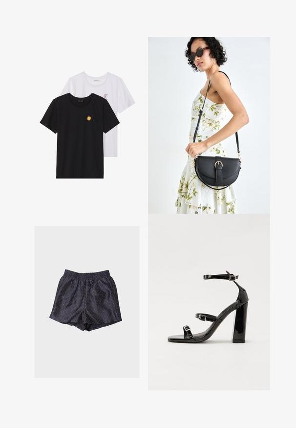 T-shirt in bianco e nero, girocollo, maniche corte. La maglietta nera presenta un ricamo di sole giallo; quella bianca ha un accento di luna crescente viola.; Shorts in raso blu navy con vita elastica e piccoli pois bianchi. Presentano una vestibilità comoda e una texture liscia.; Sandali con tacco in vernice nera, con punta squadrata, cinturini alla caviglia e fibbie in argento. Presentano un tacco a blocco spesso per maggiore stabilità.; Borsa a tracolla nera in pelle con una forma curva, manico rimovibile e accessori dorati. La borsa presenta una patta con un dettaglio a fibbia.