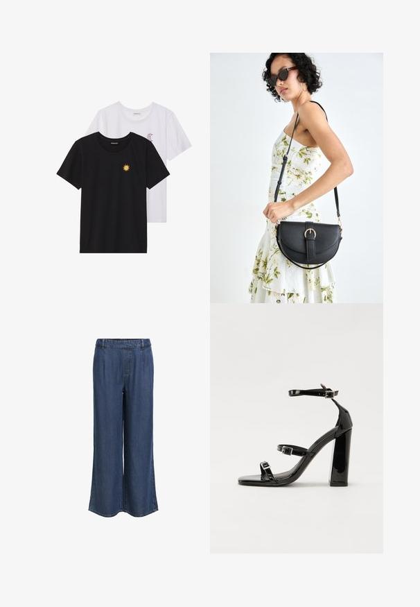 Czarne i białe t-shirty, okrągłe dekolty, krótkie rękawy. Czarna koszulka ma żółte haftowane słońce, a biała posiada fioletowy akcent w kształcie półksiężyca.; Proste ciemnoniebieskie dżinsy z elastycznym pasem i szlufkami na pasek, bez widocznych kieszeni, na białym tle.; Czarne lakierowane sandały na wysokim obcasie, z dwoma paskami zapinanymi na klamry, kwadratowy nosek i masywny obcas typu słupek, o gładkiej, błyszczącej fakturze.; Czarna skórzana torebka o zakrzywionym kształcie, z odpinanym paskiem i złotymi akcentami. Torebka posiada klapę z zapięciem w kształcie klamry.