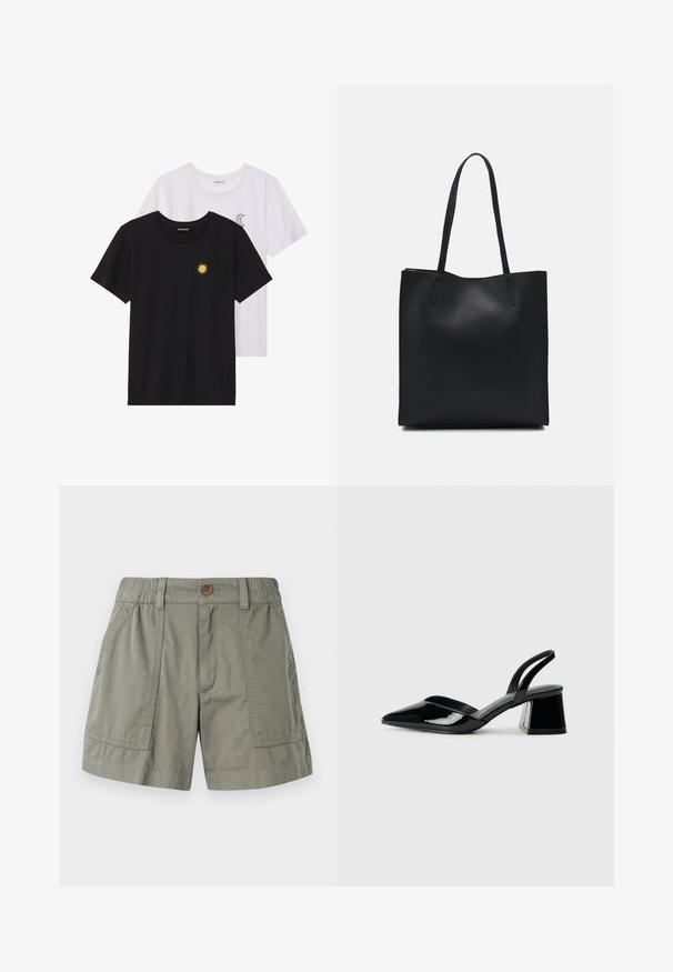 Zwart-witte T-shirts, ronde hals, korte mouwen. Het zwarte shirt heeft gele zon-geborduurde details; het witte shirt heeft een purperen halve maan accent.; Licht olijfgroene shorts van een katoenmix, met een elastische tailleband, voorzakken en een enkele knoopsluiting.; Zwarte gepatineerde leren slingback hakken met een spitse neus en een geometrische blokhak. Kenmerkt zich door een slank, minimalistisch ontwerp en een gladde textuur.; Zwarte leren handtas met een gladde textuur, rechthoekige vorm en twee lange handvaten. Geen zichtbare hardware of versieringen.
