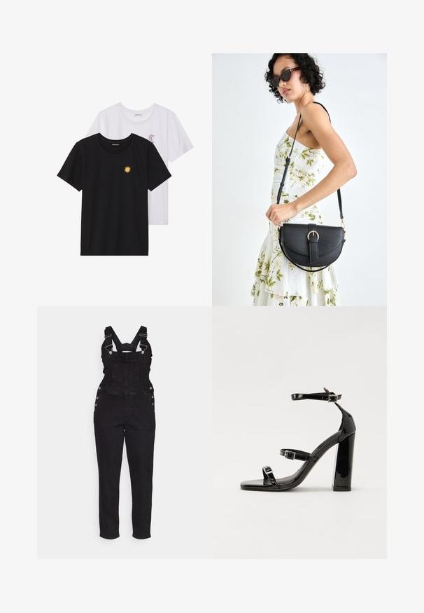 Čierne a biele tričká, okrúhly výstrih, krátke rukávy. Čierne tričko má žltú výšivku slnka; biele má fialový mesiac ako akcent.; Čierne denimové kombinézy s nastaviteľnými popruhmi, bočnými gombíkmi a zúženými nohavicami. Horná časť obsahuje predné vrecko a má klasický dizajn.; Čierne lakované sandále na podpätku so štvorcovou špičkou, navlečenými remienkami okolo členku a striebornými prackami. Disponujú masívnym blokovým podpätkom pre stabilitu.; Čierna kožená kabelka s zaobleným tvarom, odnímateľným popruhom a zlatými doplnkami. Kabelka má klopu s detailom s prackou.