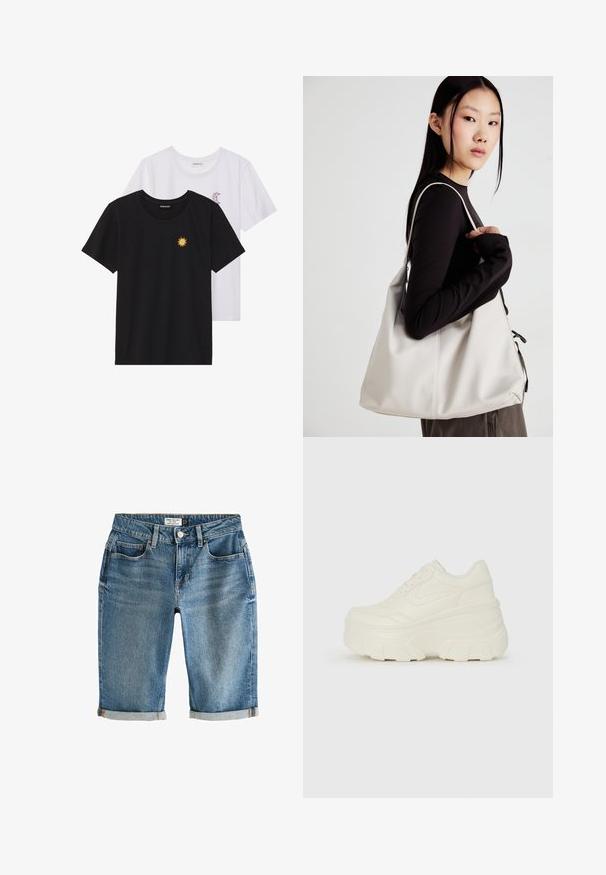 Tricouri alb-negru, cu gât rotund, mâneci scurte. Cămășile negre au broderie cu soare galben; cele albe au un accent cu lună crescută violet.; Șorturi din denim albastru, până la genunchi, cu tiv întors, cinci buzunare și închidere cu nasture metalic. Materialul are un aspect ușor decolorat.; Adidași platformă albi, cu un superior neted asemănător cu pielea, formă rotunjită, guler căptușit și talpă din cauciuc texturată cu borduri bine definite.; Geantă bej din material moale, cu un design lejer, detalii cusute și două bretele pentru umăr. Potrivită pentru utilizarea zilnică.