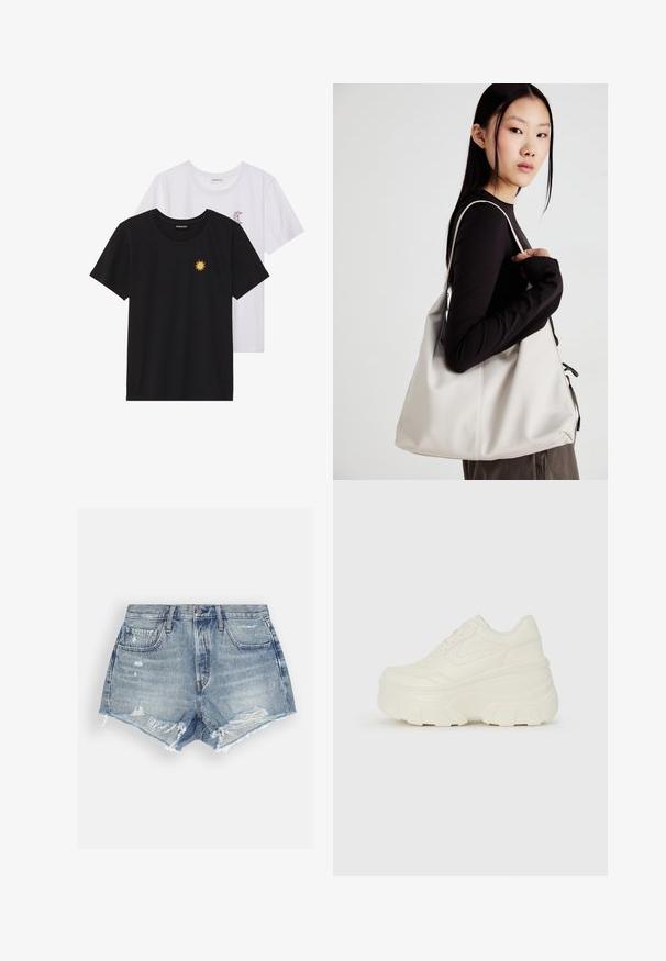 Juodi ir balti marškinėliai, apvaliu kaklu, trumpomis rankovėmis. Juodi marškiniai su geltonu saulės siuvinėjimu; baltieji turi purpurinę pusmėnulio akcentą.; Šviesiai mėlyni džinsiniai šortai su nusidėvėjimo efektu. Yra suplėšyti kraštai ir dvi priekinės kišenės. Uždarymas mygtuku juosmens srityje.; Baltos platformos sportbačiai su lygiu odos primenančiu paviršiumi, apvalia forma, paminkštintu apykakle ir tekstūruotu guminiu padu su ryškiais protektoriais.; Bežinė rankinė, pagaminta iš minkštos medžiagos, turinti laisvą dizainą, siuvinėtas detalės ir dvi petnešos. Tinkama kasdieniam naudojimui.