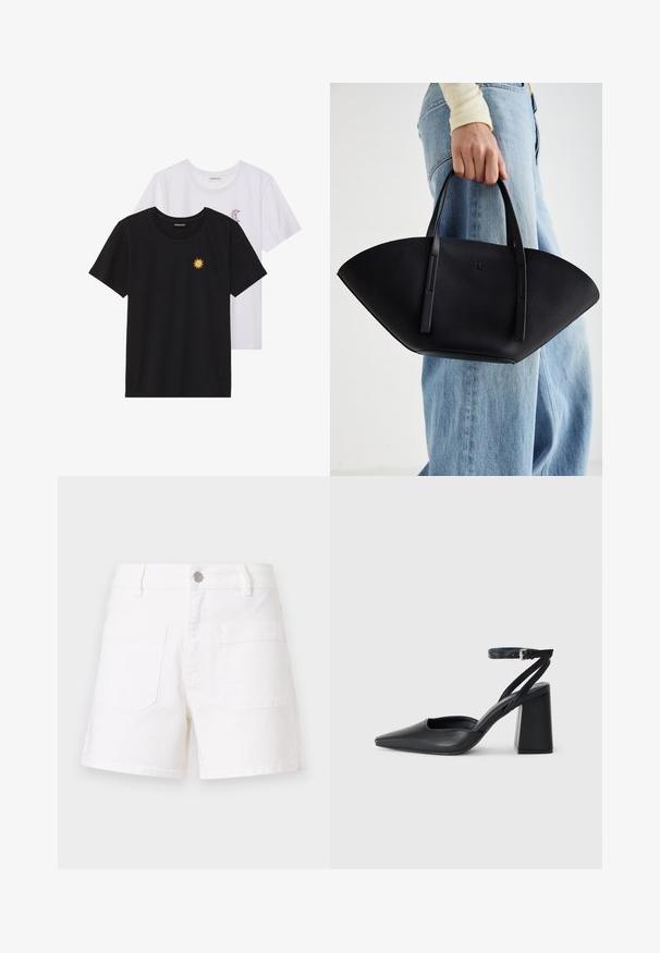 Tricouri alb-negru, cu gât rotund, mâneci scurte. Cămășile negre au broderie cu soare galben; cele albe au un accent cu lună crescută violet.; Shorts din denim alb, cu croială dreaptă, având două buzunare la spate și închidere cu un buton metalic. Textură netedă și design clasic.; Pantofii cu toc ascuțit din piele neagră, cu breteaua pentru glezne și toc gros. Textură netedă, design elegant și estetică minimală.; Geantă de piele neagră cu o formă unică de evantai, având mânere plate. Suprafața are o textură cu mici granule și un design minimalist.