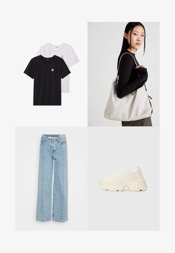 Black and white T-shirts, round neck, short sleeves. Black shirt features yellow sun embroidery; white has purple crescent moon accent.; Light blue wide-leg jeans made of denim. Features a drawstring waist, subtle stitching details, and cuffed hems.; Chunky white sneakers made of textured mesh and synthetic materials, featuring a thick sole and intricate pattern details along the sides.; Beige handbag made of soft material, featuring a slouchy design, stitched detailing, and two shoulder straps. Suitable for everyday use.