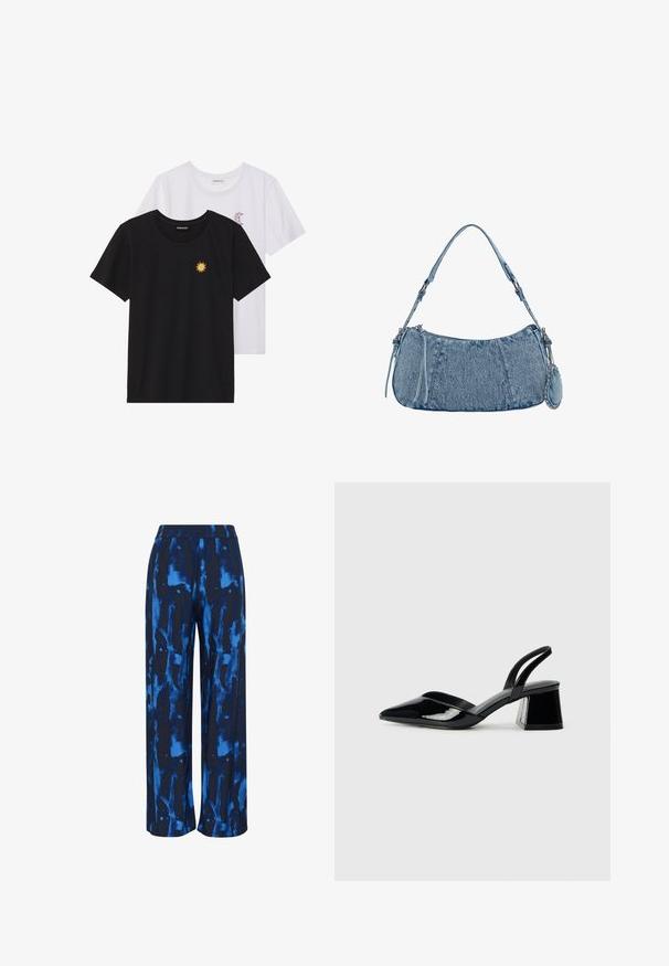Črne in bele majice, okrogli vrat, kratki rokavi. Črna majica ima richelieu vezenje sonca v rumeni barvi; bela ima vijolični naglavni mesec.; Modre hlače širokih nogavic s potiskom v kombinaciji temno in svetlo modrih odtenkov. Narejene iz mehke, lahke tkanine z elastičnim pasom.; Črne lakirane slingback pete s koničastim nosom in geometrijsko blokasto peto. Imajo eleganten, minimalističen dizajn in gladko teksturo.; Denim torbica s zakrivljenim oblikom, svetlo modre barve, nastavljivim naramnicam in majhno odstranitveno torbico z metalnimi detajli.