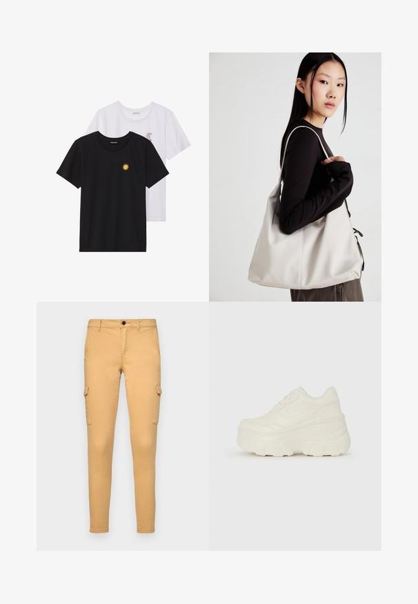 Fekete és fehér T-shirtok, kerek nyakkivágással, rövid ujjakkal. A fekete pólón sárga nap hímzés található; a fehér póló lila félhold díszítéssel rendelkezik.; Beige vászon cargo nadrág, pamutból készült, oldalsó zsebekkel, elöl gombos záródással és slim fit kialakítással. Simább textúra, látható minták nélkül.; Fehér platform sportcipők, sima bőrszerű felsőrésszel, kerek formával, párnázott bokával és texturált gumitalppal, jól definiált mintázattal.; Puha anyagból készült bézs kézitáska, laza dizájnnal, varrott részletekkel és két vállpánttal. Mindennapi használatra alkalmas.