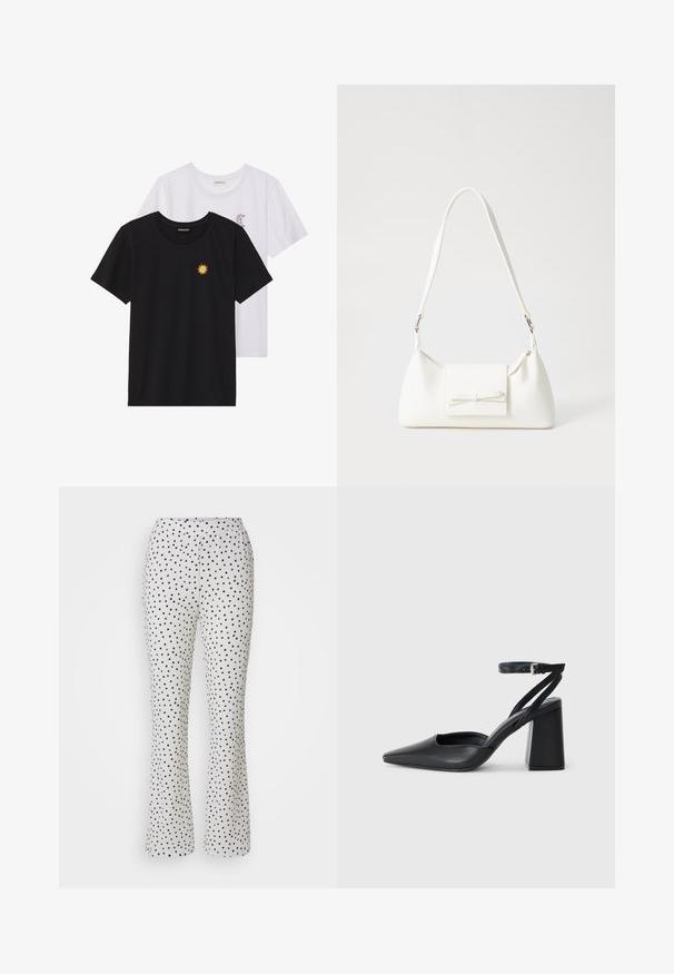 Black and white T-shirts, round neck, short sleeves. Black shirt features yellow sun embroidery; white has purple crescent moon accent.; White pants with black polka dots, featuring a flared design and elastic waistband. Made from lightweight, textured fabric.; Black leather pointy-toe pump with an ankle strap and a chunky heel. Flat texture, sleek design, and minimalistic aesthetics.; White synthetic handbag with a triangular shape, flat front flap and bow detail, adjustable strap, smooth texture, and minimalistic design.