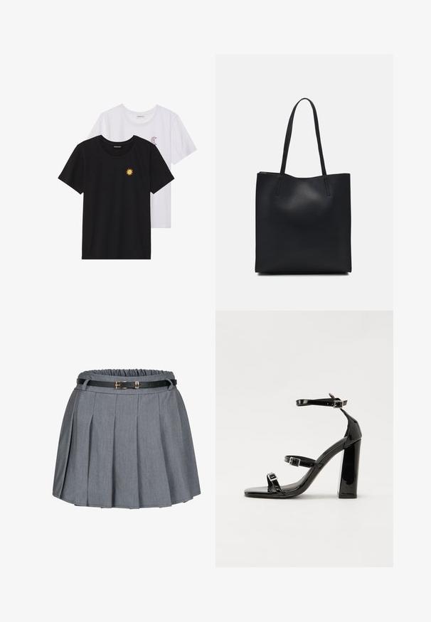 Camisetas en blanco y negro, de cuello redondo y mangas cortas. La camiseta negra presenta un bordado de sol amarillo; la blanca tiene un detalle de luna creciente en púrpura.; Falda plisada gris con cintura fruncida y un cinturón negro con un acento de hebilla dorada. Tejido suave con una textura lisa.; Sandalias de tacón de charol negro con punta cuadrada, correas en el tobillo y hebillas plateadas. Presentan un tacón grueso para mayor estabilidad.; Bolso tote de cuero negro con textura lisa, forma rectangular y dos asas largas. Sin herrajes ni adornos visibles.