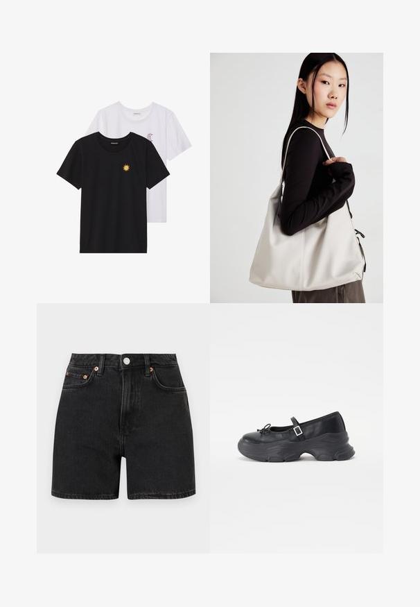 Black and white T-shirts, round neck, short sleeves. Black shirt features yellow sun embroidery; white has purple crescent moon accent.; Black denim shorts with a high waist, featuring copper button accents and five-pocket design. Smooth texture, straight cut, and turn-up hems.; Black leather Mary Jane shoe with a rounded toe, bow detail, and an adjustable ankle strap. Features a chunky rubber sole with curved accents.; Beige handbag made of soft material, featuring a slouchy design, stitched detailing, and two shoulder straps. Suitable for everyday use.