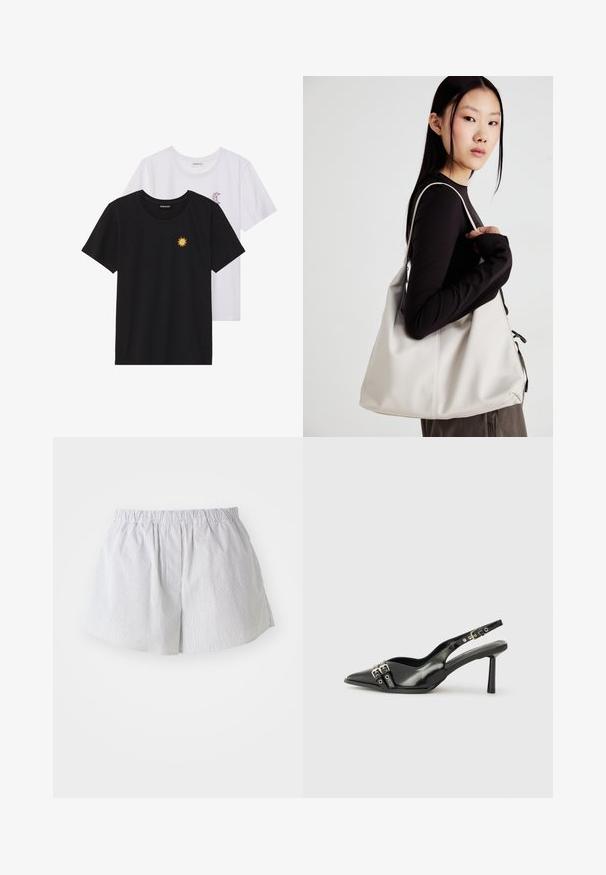 Black and white T-shirts, round neck, short sleeves. Black shirt features yellow sun embroidery; white has purple crescent moon accent.; Striped shorts in light blue and white cotton, featuring an elastic waistband and a relaxed fit with side openings for ease of movement.; Black patent leather slingback shoe with pointed toe, ankle straps featuring silver buckles and hardware, and a slender heel.; Beige handbag made of soft material, featuring a slouchy design, stitched detailing, and two shoulder straps. Suitable for everyday use.