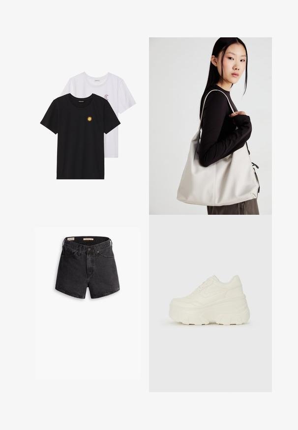 Camisetas en blanco y negro, de cuello redondo y mangas cortas. La camiseta negra presenta un bordado de sol amarillo; la blanca tiene un detalle de luna creciente en púrpura.; Shorts de mezclilla negra de cintura alta, con cierre de botón en la parte delantera, cuatro bolsillos y un acabado ligeramente desgastado.; Zapatillas de plataforma blancas con un upper suave similar al cuero, forma redondeada, cuello acolchado y suela de goma texturizada con surcos definidos.; Bolso de mano beige hecho de material suave, con un diseño holgado, detalles cosidos y dos asas. Adecuado para uso diario.