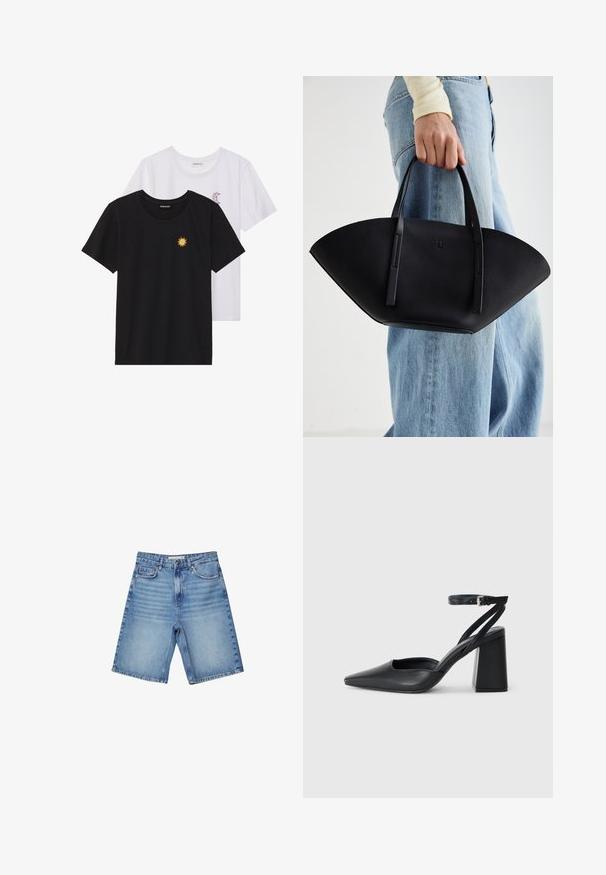 Svart och vit T-shirt, rund hals, korta ärmar. Den svarta skjortan har gul solbroderi; den vita har lila halvmåneaccent.; Ljusblå denimshorts med klassisk femficksdesign, dragkedja och subtila blekningar. Rakt snitt med fållade kanter.; Svart läderpumps med spetsig tå, ankelrem och kraftig klack. Slät textur, stilren design och minimalistisk estetik.; Svart läderhandväska med en unik fläktform, som har platta handtag. Ytan har en pebblad textur och en minimalistisk design.