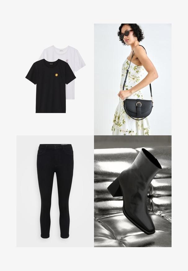 Fekete és fehér T-shirtok, kerek nyakkivágással, rövid ujjakkal. A fekete pólón sárga nap hímzés található; a fehér póló lila félhold díszítéssel rendelkezik.; Fekete farmer skinny farmernadrág dizájnos derékkal, öt zsebbel és gombos záródással. Sima textúrájú és szűkített fazonú a bokáknál.; Fekete bokacsizma fényes anyagból, négyzetes orral és szűkített sarkú, egy csillogó ezüst kárpitozott háttér előtt.; Fekete bőrtáska ívelt formával, levehető pánttal és arany színű fémrészekkel. A táskán egy csattal díszített fedél található.; Ezüst karika fülbevalók, letisztult, kerek formával, sima felülettel és látható díszítés nélkül. A átmérő nem megadott.