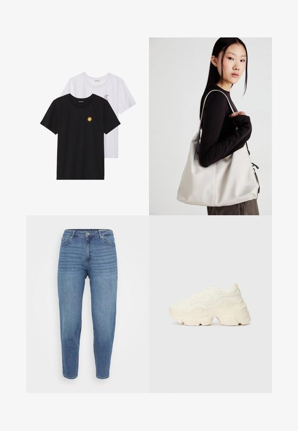 Camisetas en blanco y negro, de cuello redondo y mangas cortas. La camiseta negra presenta un bordado de sol amarillo; la blanca tiene un detalle de luna creciente en púrpura.; Jeans de mezclilla azul claro con un diseño de corte recto, que cuentan con un cierre de botón, cinco bolsillos y sutiles detalles de costura horizontal.; Zapatillas blancas gruesas hechas de malla texturizada y materiales sintéticos, con una suela gruesa y detalles de patrones intrincados a lo largo de los lados.; Bolso de mano beige hecho de material suave, con un diseño holgado, detalles cosidos y dos asas. Adecuado para uso diario.