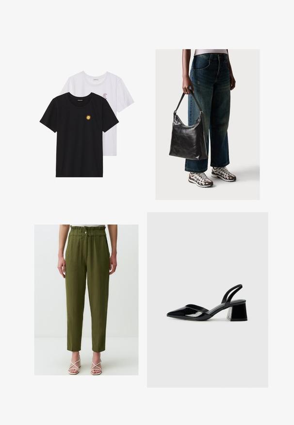 Schwarz-weiße T-Shirts, Rundhals, kurze Ärmel. Das schwarze Shirt hat eine gelbe Sonnenstickerei; das weiße eine lila Halbmond-Akzent.; Olivengrüne, hochgeschnittene Hose mit lässigem Schnitt, versehen mit einem gerafften Bund, seitlichen Taschen und einer glatten Textur.; Schwarze Lackleder-Slingback-High Heels mit spitzem Schuh und einem geometrischen Blockabsatz. Verfügt über ein schlankes, minimalistisches Design und eine glatte Textur.; Schwarze Leder-Schultertasche mit glatter Textur und verstellbarem Riemen, kombiniert mit ausgewaschenen weit geschnittenen Jeans und sportlichen Sneakern.