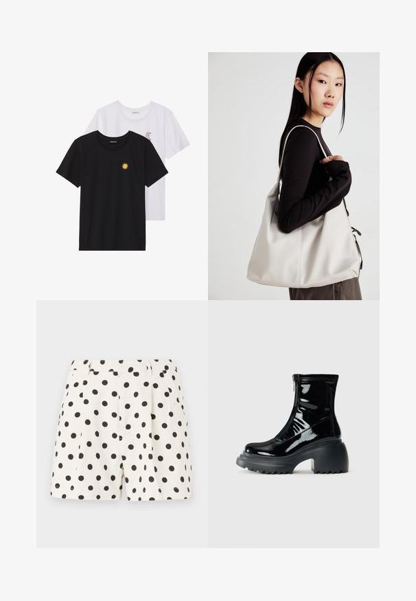 Musta ja valkoinen T-paita, pyöreä kaula-aukko, lyhyet hihat. Mustassa paidassa on keltainen auringon brodeeraus; valkoisessa on violetti puolikuu-aksentti.; Valkoiset pellavahousut, joissa on mustia pilkkuja. Varustettu laskoksilla ja sivutaskuilla. Mukautettu vyötärö puhtaalla viimeistelyllä.; Kiilamusta nilkkaboots, jossa on pyöreä kärki, paksu korko, vetoketj Closure ja paksu uritettu pohja valkoista taustaa vasten.; Beige laukku, joka on valmistettu pehmeästä materiaalista, ja siinä on rento muotoilu, ommeltu yksityiskohtia ja kaksi olkahihnaa. Sopii päivittäiseen käyttöön.
