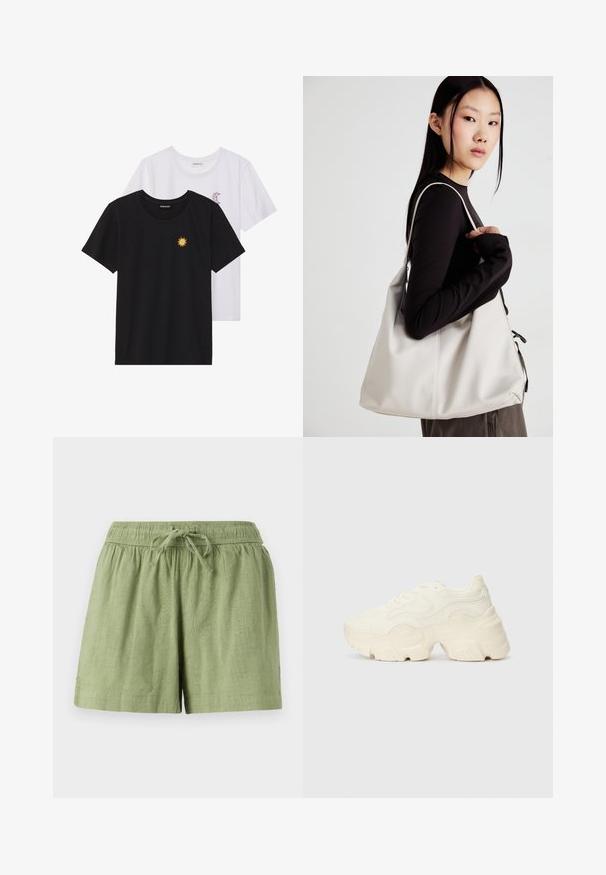 Svarte og hvite T-skjorter, rund hals, korte ermer. Den svarte T-skjorten har gul brodering av en sol; den hvite har lilla halvmåne-detaljer.; Lysegrønne bomullsshorts med elastisk midje og snor. Har sidelommer og en teksturert stoffoverflate.; Chunky hvite sneakers laget av teksturert mesh og syntetiske materialer, med en tykk såle og intrikate mønsterdetaljer langs sidene.; Beige håndveske laget av mykt materiale, med en slapp design, sydd detaljer og to skulderstropper. Passer for daglig bruk.