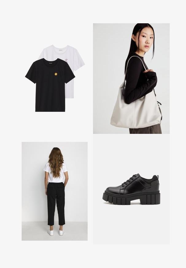 Schwarz-weiße T-Shirts, Rundhals, kurze Ärmel. Das schwarze Shirt hat eine gelbe Sonnenstickerei; das weiße eine lila Halbmond-Akzent.; Frau mit langen, welligen Haaren, die ein weißes T-Shirt, schwarze, cropped Hosen und weiße Sneakers trägt, steht vor einer schlichten weißen Wand.; Schwarze Lederplateauschuhe mit klobigem Blockabsatz, runder Zehenpartie und traditionellem Schnürdesign. Verfügt über eine glatte Textur und minimale Details.; Beige Handtasche aus weichem Material, mit einem lässigen Design, gesteppten Details und zwei Schulterriemen. Geeignet für den täglichen Gebrauch.