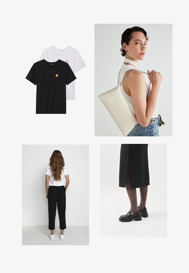 T-shirt in bianco e nero, girocollo, maniche corte. La maglietta nera presenta un ricamo di sole giallo; quella bianca ha un accento di luna crescente viola.; Donna con capelli lunghi e mossi, che indossa una maglietta bianca, pantaloni neri a culotte e sneakers bianche, in piedi di fronte a un muro bianco semplice.; Scarpe in pelle nera con punta arrotondata, tacco spesso a blocco e accenti laterali in elastico, abbinate a collant scuri e una gonna nera con uno spacco.; Borsa a pochette rettangolare bianca realizzata in materiale lucido, con una tracolla in catena argentata. Il modello posa, mostrando la borsa su uno sfondo semplice.