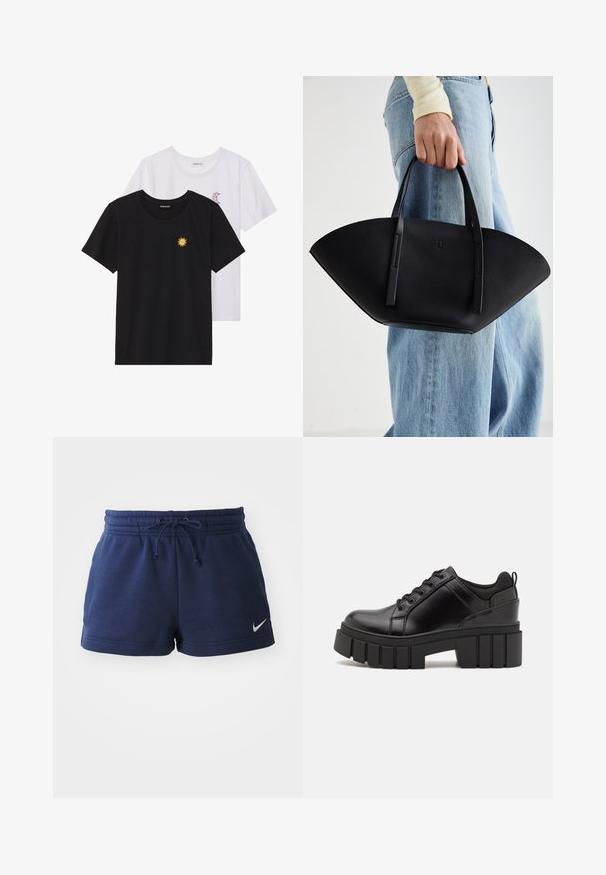 T-shirts preto e branco, de decote redondo e mangas curtas. A camisa preta apresenta um bordado de sol amarelo; a branca tem um detalhe de lua crescente roxa.; Calções de algodão azul-marinho com cintura elástica, cordão ajustável e aberturas laterais. Apresenta um pequeno logótipo branco da Nike na bainha.; Sapatos de plataforma em couro preto com um salto bloco robusto, bico redondo e design clássico de atacadores. Apresentam uma textura suave e detalhes mínimos.; Bolsa de mão em couro preto com uma forma única em leque, apresentando alças planas. A superfície tem uma textura pebble e um design minimalista.