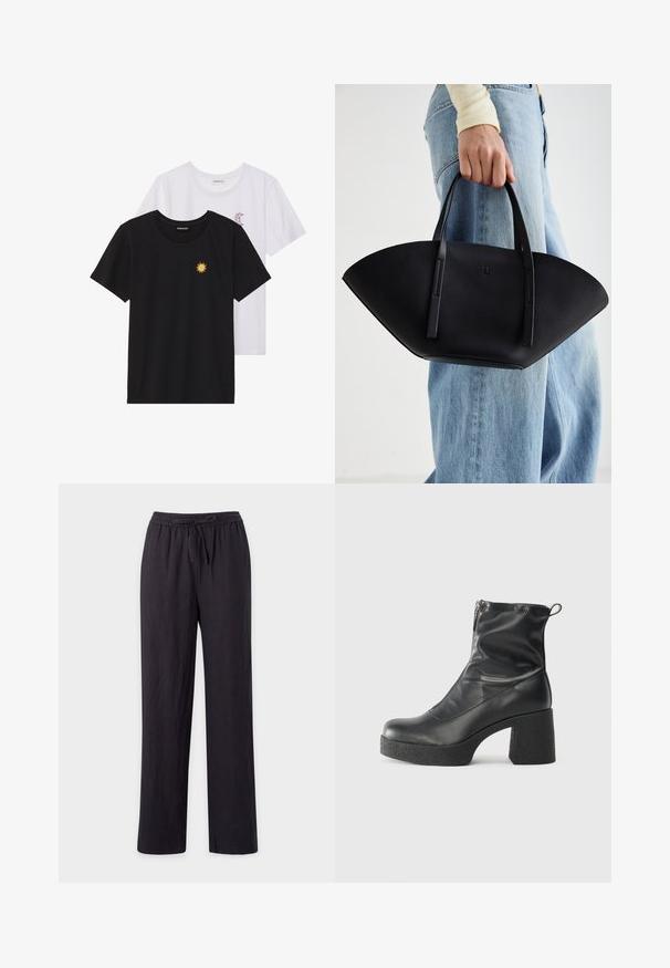 Black and white T-shirts, round neck, short sleeves. Black shirt features yellow sun embroidery; white has purple crescent moon accent.; Black, lightweight, straight-leg pants with an elastic waistband and drawstring. Smooth texture, no visible patterns or hardware.; Black ankle boots made of smooth leather, featuring a side zipper, chunky textured heel, and rounded toe design.; Black leather handbag with a unique fan shape, featuring flat handles. The surface has a pebbled texture and a minimalistic design.