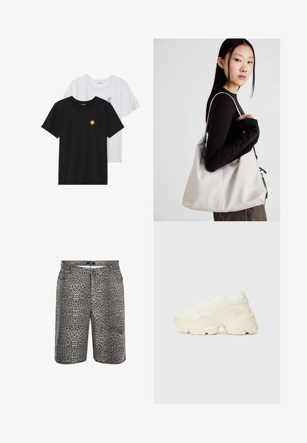 T-shirt in bianco e nero, girocollo, maniche corte. La maglietta nera presenta un ricamo di sole giallo; quella bianca ha un accento di luna crescente viola.; Zizzi Shorts di jeans - leopard; Sneakers bianchi chunky realizzati in mesh testurizzato e materiali sintetici, dotati di una suola spessa e dettagli con motivi intricati lungo i lati.; Borsa a mano beige realizzata in materiale morbido, caratterizzata da un design morbido, dettagli cuciti e due manici. Adatta per l'uso quotidiano.