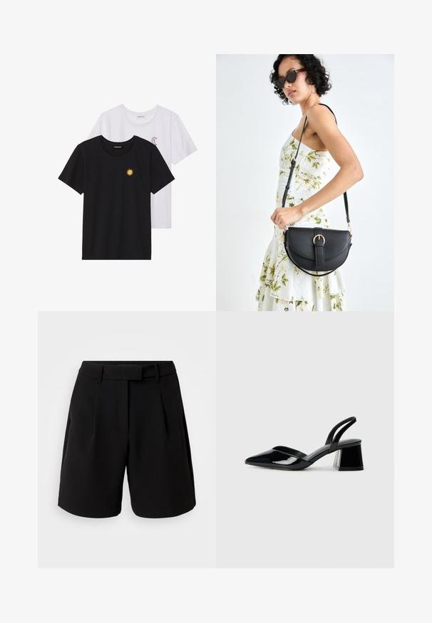 Black and white T-shirts, round neck, short sleeves. Black shirt features yellow sun embroidery; white has purple crescent moon accent.; Black tailored shorts, made of smooth fabric, featuring a high waist, pleats, belt loops, and side pockets, with a clean-cut design.; Black patent leather slingback heels with a pointed toe and a geometric block heel. Features a sleek, minimal design and smooth texture.; Black leather handbag with a curved shape, detachable strap, and gold hardware. The bag features a flap with a buckle detail.