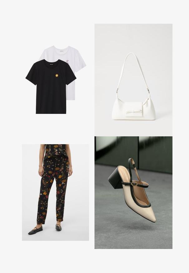 Čierne a biele tričká, okrúhly výstrih, krátke rukávy. Čierne tričko má žltú výšivku slnka; biele má fialový mesiac ako akcent.; Čierne kvetinové nohavice s uvoľneným strihom, zdobené viacfarebnými kvetinovými vzormi, sšnúrkou na páse a bočnými vreckami. Spárované s elegantnými čiernymi balerínami.; Béžová lodička so špicatou špičkou, s čiernym lemom, zlatou prackou a robustným blokovým podpätkom na šedom podlahe s tmavozeleným pozadím.; Biela syntetická kabelka s trojuholníkovým tvarom, plochým predným klapkou a detailom mašle, nastaviteľným popruhom, hladkou textúrou a minimalistickým dizajnom.