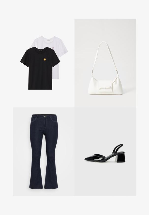 T-shirts preto e branco, de decote redondo e mangas curtas. A camisa preta apresenta um bordado de sol amarelo; a branca tem um detalhe de lua crescente roxa.; Calças de ganga flare de um azul escuro, com bolsos frontais, fecho de correr e um único botão. Textura suave com costura subtil.; Sandy em verniz preto com salto slingback, ponta afilada e salto geométrico. Apresenta um design elegante e minimalista com textura suave.; Mala sintética branca com formato triangular, aba frontal plana e detalhe de laço, alça ajustável, textura suave e design minimalista.
