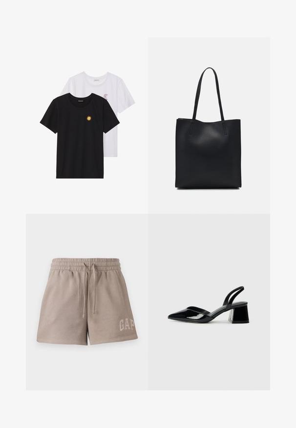 T-shirts preto e branco, de decote redondo e mangas curtas. A camisa preta apresenta um bordado de sol amarelo; a branca tem um detalhe de lua crescente roxa.; Calções bege feitos de material suave, apresentando uma cintura elástica com cordão e um logotipo "GAP" bordado na parte inferior da frente.; Sandy em verniz preto com salto slingback, ponta afilada e salto geométrico. Apresenta um design elegante e minimalista com textura suave.; Bolsa tote preta em couro com textura lisa, forma retangular e duas alças longas. Sem hardware ou enfeites visíveis.