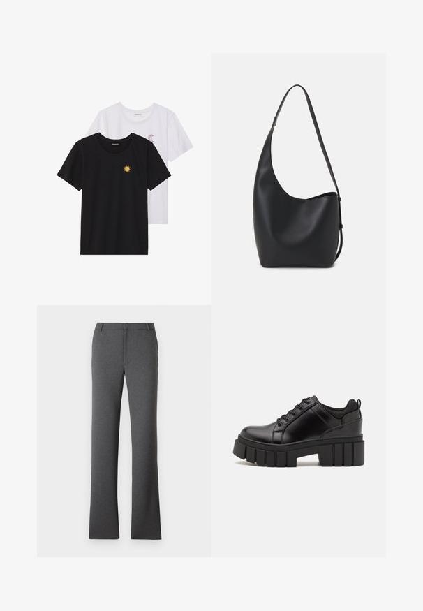 Tricouri alb-negru, cu gât rotund, mâneci scurte. Cămășile negre au broderie cu soare galben; cele albe au un accent cu lună crescută violet.; Pantaloni gri cu un design drept pe picior. Confecționați dintr-un material texturat, având un front plat și crampoane pentru curea. Fără modele sau accesorii vizibile.; Pantofi cu talpă plată din piele neagră, cu toc gros, vârf rotund și design tradițional cu șireturi. Prezintă o textură netedă și detalii minime.; Geantă hobo din piele neagră, cu o textură netedă, formă curbată și un singur bretele ajustabil; are o deschidere largă în partea de sus.