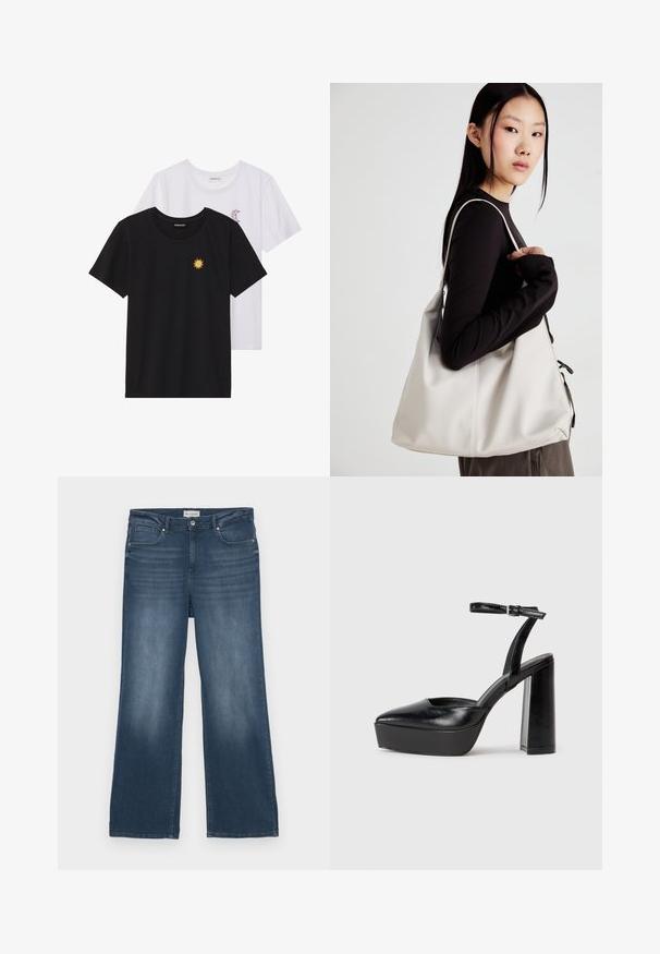 T-shirts preto e branco, de decote redondo e mangas curtas. A camisa preta apresenta um bordado de sol amarelo; a branca tem um detalhe de lua crescente roxa.; Jeans de ganga azul escuro, corte largo, design de cinco bolsos, desbotamento discreto na frente, fecho com botão e zíper, estilo clássico com detalhamento mínimo.; Saltos altos pretos com bico fino e atilho ajustável no tornozelo. Confeccionados em couro suave, apresentam um salto bloco robusto.; Uma bolsa bege feita de material macio, com um design descontraído, detalhes de costura e duas alças para o ombro. Adequada para uso diário.; Anéis de resina clara e âmbar, um liso e transparente, o outro com um acabamento texturizado em âmbar. Ambos apresentam designs arredondados e robustos.