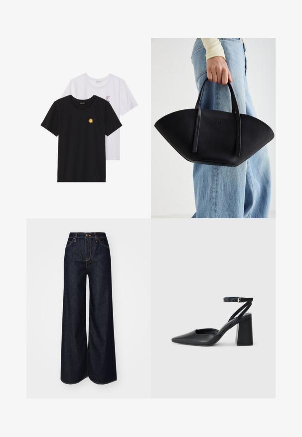 Musta ja valkoinen T-paita, pyöreä kaula-aukko, lyhyet hihat. Mustassa paidassa on keltainen auringon brodeeraus; valkoisessa on violetti puolikuu-aksentti.; Lee STELLA - Relaxed fit -farkut - dark beat; Mustat nahkakengät, joissa on kapea kärki, nilkkaremmi ja paksu korko. Tasainen pinta, tyylikäs muotoilu ja minimalistinen estetiikka.; Musta nahkainen käsilaukku, jossa on ainutlaatuinen tuulihattukuvio, jossa on litteät kahvat. Pinnassa on karkeapintainen rakenne ja minimalistinen muotoilu.