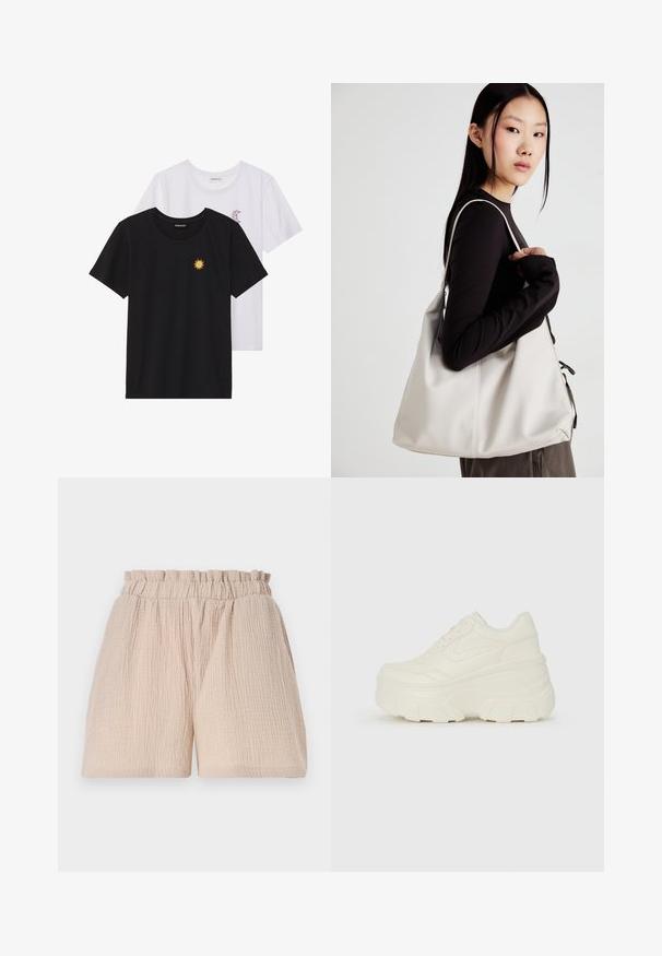 Black and white T-shirts, round neck, short sleeves. Black shirt features yellow sun embroidery; white has purple crescent moon accent.; Light beige shorts with a crinkled texture and an elastic waistband. The design features a loose fit and no additional details or patterns.; White platform sneakers featuring a smooth leather-like upper, rounded shape, padded collar, and textured rubber sole with defined treads.; Beige handbag made of soft material, featuring a slouchy design, stitched detailing, and two shoulder straps. Suitable for everyday use.