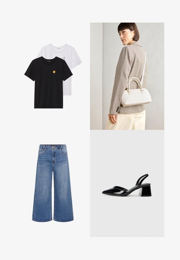 Mustvalged ja valged T-särgid, ümar kaelus, lühikesed varrukad. Must särgile on tikitud kollane päike; valgel särgil on lillakate poolkuu aktsent.; Laiad sinised denim püksid kõrge vöökohaga, millel on nööbkinnitus, viis taskut ja õrn fade. Õmmeldud ääred klassikalise disainiga.; Mustad musta lakknahk kingad, millel on terav varvas ja geomeetriline plokkkonts. Omab elegantselt minimalistlikku disaini ja sujuvat tekstuuri.; Valge struktureeritud käekott lühikeste käepidemete ja õlavööga, millel on kuldse riistvara aktsendid ja tekstuuriga materjal, eksponeeritud halli taustal.