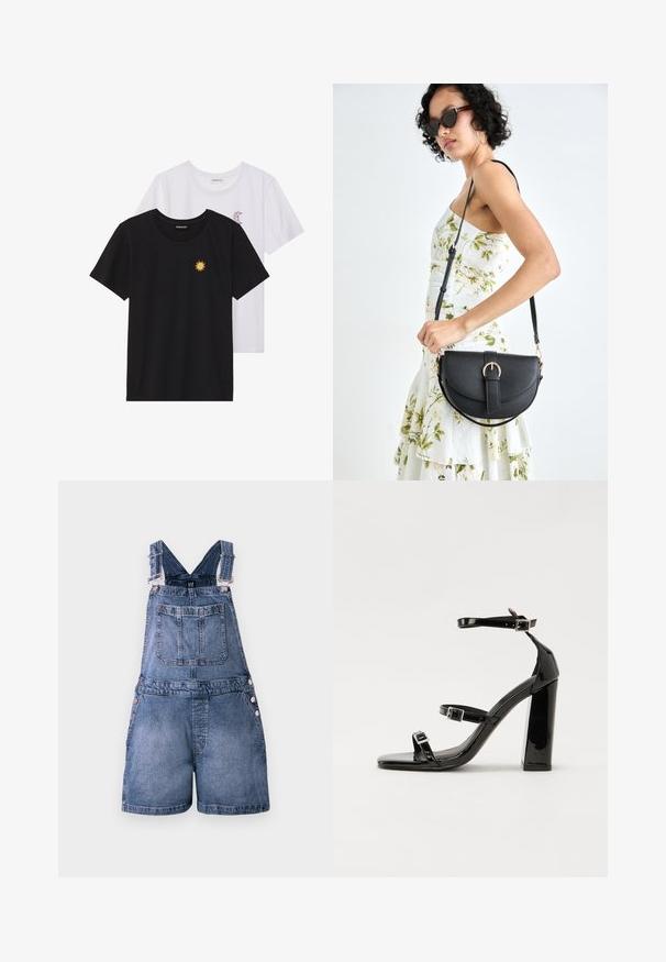 Musta ja valkoinen T-paita, pyöreä kaula-aukko, lyhyet hihat. Mustassa paidassa on keltainen auringon brodeeraus; valkoisessa on violetti puolikuu-aksentti.; Sinivärvilised teksatooted, millel on reguleeritavad rihmad, ees ja taga taskud ning küljes nööbivajutuste aksessuaarid.; Musta kiiltäväpintainen korkokengät, joissa on kaksi solkikiinnitystä, neliönmuotoinen kärki ja paksu korko, sileällä, kiiltävällä pintarakenteella.; Musta nahkainen käsilaukku, joka on kaareva muotoilultaan, irrotettavalla hihnalla ja kultaisilla yksityiskohdilla. Laukussa on läppä, jossa on solk yksityiskohta.