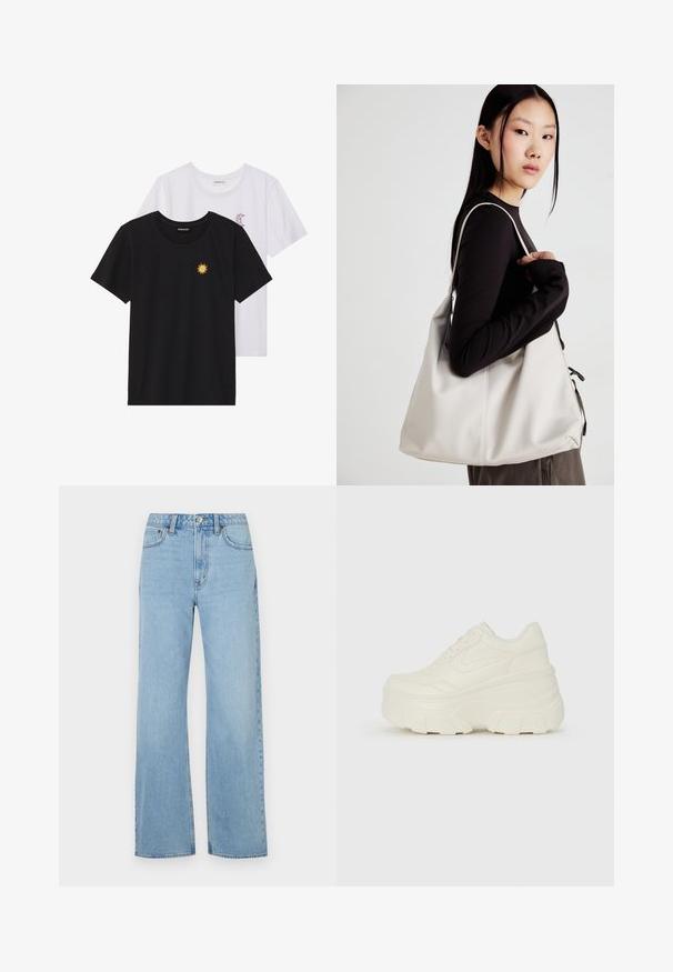 Schwarz-weiße T-Shirts, Rundhals, kurze Ärmel. Das schwarze Shirt hat eine gelbe Sonnenstickerei; das weiße eine lila Halbmond-Akzent.; Abercrombie & Fitch Curve Love High Rise 90s Relaxed Jean - Wide Leg - med/light; Weiße Platform Sneakers mit einem glatten, lederähnlichen Obermaterial, abgerundeter Form, gepolstertem Kragen und strukturierten Gummisohlen mit ausgeprägten Stollen.; Beige Handtasche aus weichem Material, mit einem lässigen Design, gesteppten Details und zwei Schulterriemen. Geeignet für den täglichen Gebrauch.