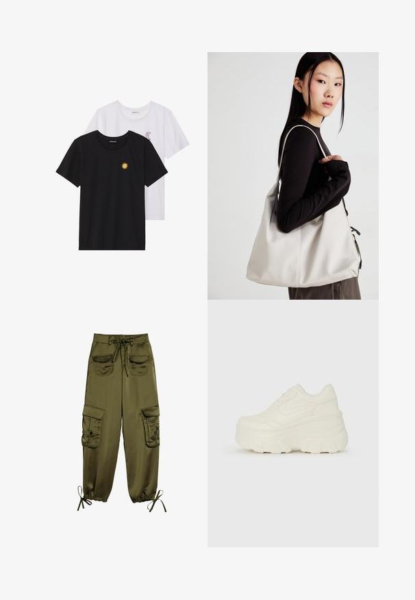 Zwart-witte T-shirts, ronde hals, korte mouwen. Het zwarte shirt heeft gele zon-geborduurde details; het witte shirt heeft een purperen halve maan accent.; Olijfgroene cargobroek van gladde stof, met twee voorzakken, een verstelbare tailleband en elastische boorden met touwtjes bij de enkels.; Witte platform sneakers met een gladde leren bovenkant, afgeronde vorm, gewatteerde kraag en een gestructureerde rubberen zool met duidelijke profiel.; Beige handtas gemaakt van zacht materiaal, met een slonzig ontwerp, gestikte details en twee schouderbanden. Geschikt voor dagelijks gebruik.