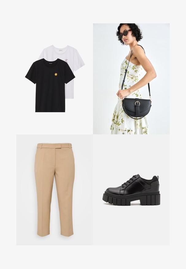 Mustvalged ja valged T-särgid, ümar kaelus, lühikesed varrukad. Must särgile on tikitud kollane päike; valgel särgil on lillakate poolkuu aktsent.; Beez värvi tipitud püksid sirge lõikega, keskmise kõrgusega vöökoht ja küljetaskud. Sile tekstuur koos teravate voldikute ja pahkluuni ulatuva mansetiga.; Must musta platvormsussid paksu plokkninal, ümmarguse varbaga ja traditsioonilise nööridega kinnitamisega. Sussid on sileda tekstuuriga ja minimaalsete detailidega.; Mustmust mustraha kõverate joontega, eemaldatava rihmaga ja kuldsete detailidega. Kotil on klapp, millel on pandladetail.