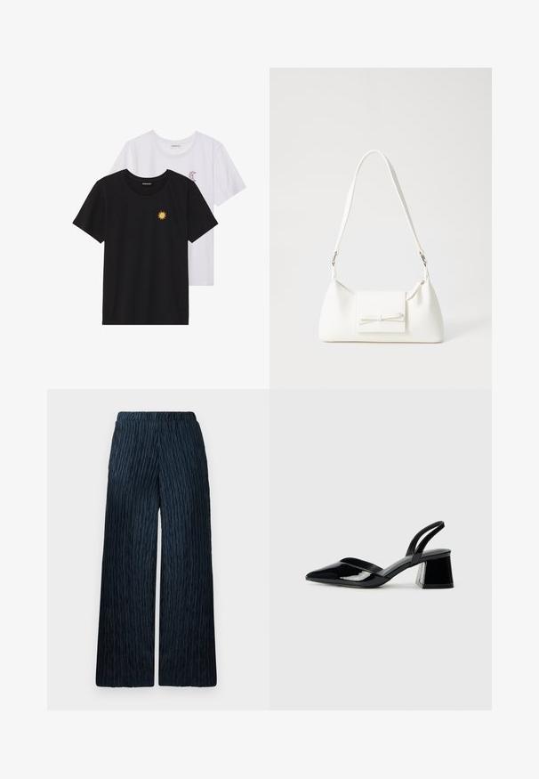 Zwart-witte T-shirts, ronde hals, korte mouwen. Het zwarte shirt heeft gele zon-geborduurde details; het witte shirt heeft een purperen halve maan accent.; Wijdvallende broek in donkerblauw met een gestructureerde, gekreukte stof. Voorzien van een elastische tailleband voor comfort en een gladde afwerking.; Zwarte gepatineerde leren slingback hakken met een spitse neus en een geometrische blokhak. Kenmerkt zich door een slank, minimalistisch ontwerp en een gladde textuur.; Witte synthetische handtas met een driehoekige vorm, platte voorklep en strikdetail, verstelbare schouderriem, gladde textuur en minimalistisch ontwerp.
