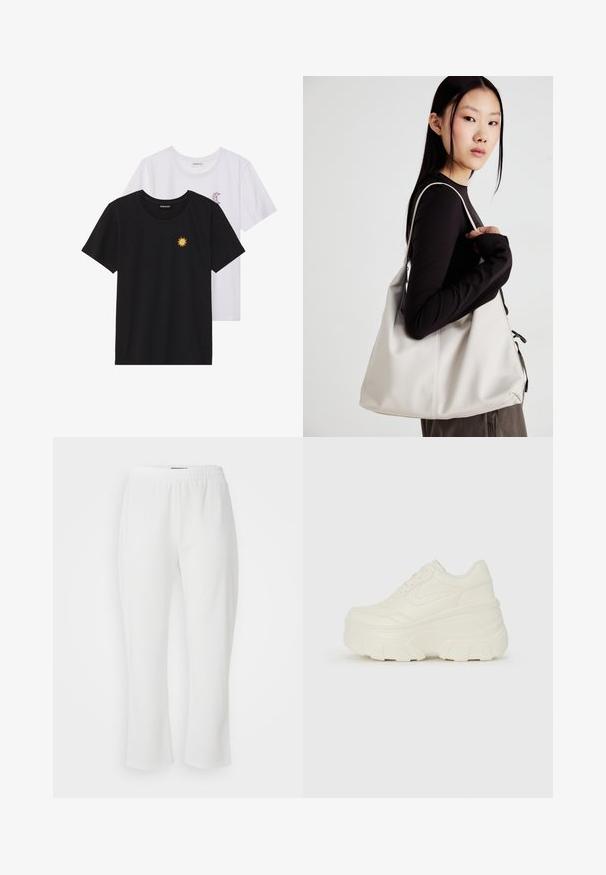 Black and white T-shirts, round neck, short sleeves. Black shirt features yellow sun embroidery; white has purple crescent moon accent.; ONLY Carmakoma CARLAMA STRAIGHT - Trousers - cloud dancer; White platform sneakers featuring a smooth leather-like upper, rounded shape, padded collar, and textured rubber sole with defined treads.; Beige handbag made of soft material, featuring a slouchy design, stitched detailing, and two shoulder straps. Suitable for everyday use.