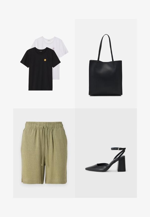 Svarte og hvite T-skjorter, rund hals, korte ermer. Den svarte T-skjorten har gul brodering av en sol; den hvite har lilla halvmåne-detaljer.; Olivegrønne shorts laget av et teksturert, pustende stoff. Har elastisk midjebånd og snøring for justerbar passform.; Svart lær pumps med spiss tå, ankelrem og kraftig hæl. Flat tekstur, strømlinjeformet design og minimalisme.; Svart lær tote bag med glatt tekstur, rektangulær form og to lange håndtak. Ingen synlige deler eller dekorasjoner.