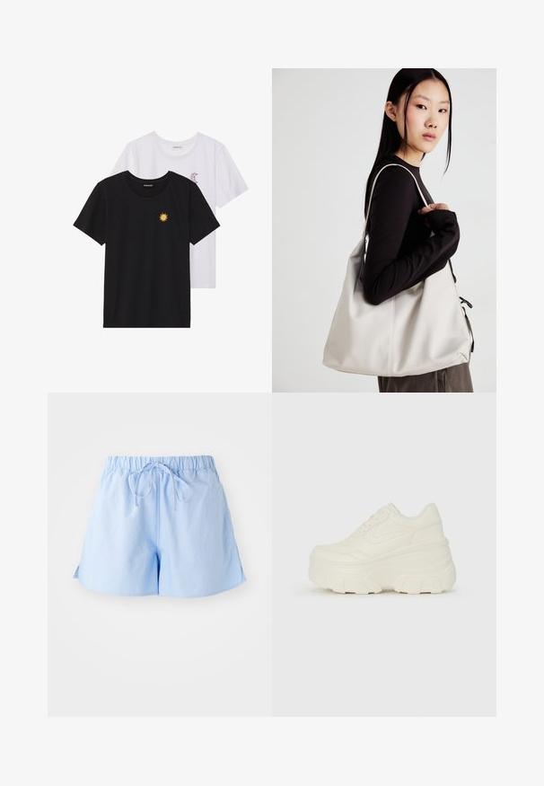 Juodi ir balti marškinėliai, apvaliu kaklu, trumpomis rankovėmis. Juodi marškiniai su geltonu saulės siuvinėjimu; baltieji turi purpurinę pusmėnulio akcentą.; Šviesiai mėlynos medvilninės šortai su elastingu juosmeniu ir raišteliu, turi laisvą įmovą ir šonines skyles, kad būtų lengviau judėti.; Baltos platformos sportbačiai su lygiu odos primenančiu paviršiumi, apvalia forma, paminkštintu apykakle ir tekstūruotu guminiu padu su ryškiais protektoriais.; Bežinė rankinė, pagaminta iš minkštos medžiagos, turinti laisvą dizainą, siuvinėtas detalės ir dvi petnešos. Tinkama kasdieniam naudojimui.