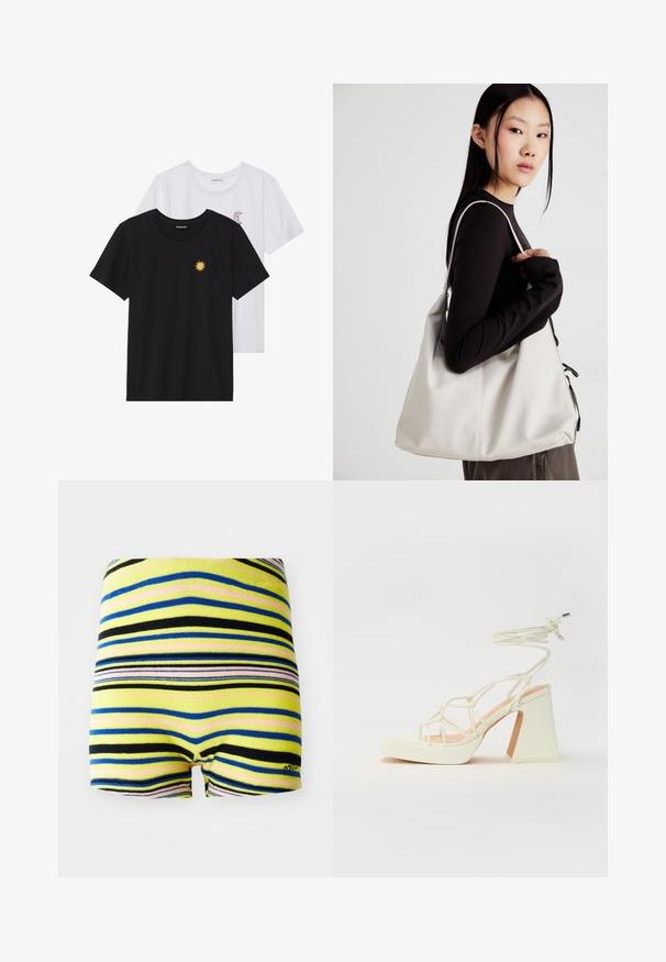 Fekete és fehér T-shirtok, kerek nyakkivágással, rövid ujjakkal. A fekete pólón sárga nap hímzés található; a fehér póló lila félhold díszítéssel rendelkezik.; Sávos rövidnadrág sárga, kék, fekete és rózsaszín vízszintes vonalakkal. Puha anyag, elasztikus derékkal és levágott szárvégekkel.; Fehér, magassarkú szandál vastag sarokkal, pántos dizájnnal és bokapánttal. Sima textúra, elülső platformmal a megnövelt magasság érdekében.; Puha anyagból készült bézs kézitáska, laza dizájnnal, varrott részletekkel és két vállpánttal. Mindennapi használatra alkalmas.