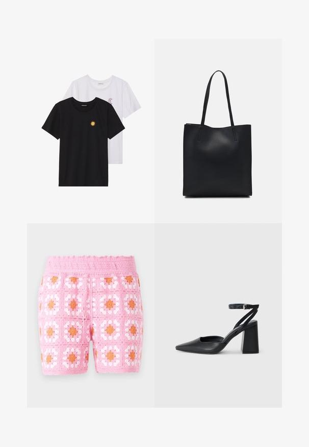 T-shirts noir et blanc, col rond, manches courtes. Le t-shirt noir présente une broderie de soleil jaune ; le t-shirt blanc a un accent de croissant de lune violet.; Shorts en crochet roses présentant un motif en carreaux avec des accents blancs et orange. Tissu texturé avec un détail de taille ondulée.; Escarpin noir en cuir à bout pointu avec une bride de cheville et un talon épais. Texture lisse, design élégant et esthétique minimaliste.; Sac fourre-tout en cuir noir avec une texture lisse, de forme rectangulaire et deux longues poignées. Pas de matériel ou d'ornementations visibles.