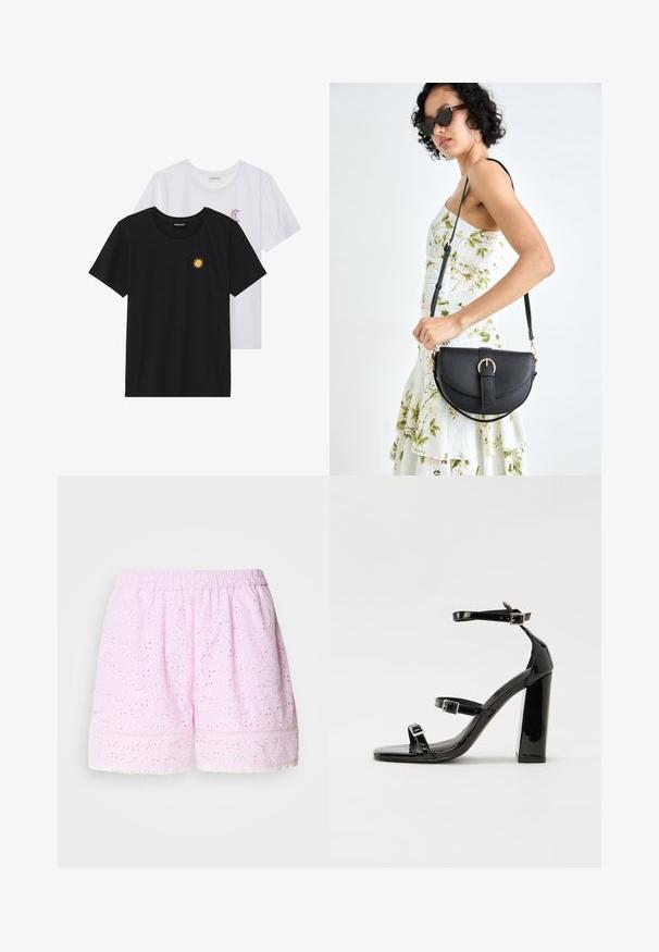 Mustvalged ja valged T-särgid, ümar kaelus, lühikesed varrukad. Must särgile on tikitud kollane päike; valgel särgil on lillakate poolkuu aktsent.; Roosa puuvillased lühikesed püksid, millel on tikandiga lillemuster, elastne vöökoht ja pitsäär. Kerge ja hingav kangas.; Mustad läikiva lakknahaga kõrge kontsaga sandaalid kahe pandlaga, kandilised varbad ja jäme plokk-kontsaosa, millel on sile ja läikiv tekstuur.; Mustmust mustraha kõverate joontega, eemaldatava rihmaga ja kuldsete detailidega. Kotil on klapp, millel on pandladetail.