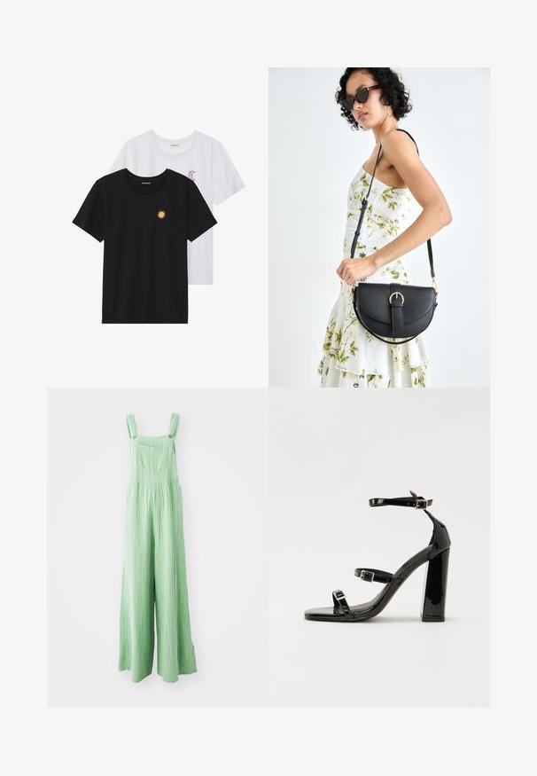 Black and white T-shirts, round neck, short sleeves. Black shirt features yellow sun embroidery; white has purple crescent moon accent.; Green wide-leg overalls made from textured fabric, featuring adjustable straps and front pockets with brass-colored buttons.; Black patent high-heeled sandals with two buckle straps, square toe, and a chunky block heel, featuring a smooth, glossy texture.; Black leather handbag with a curved shape, detachable strap, and gold hardware. The bag features a flap with a buckle detail.