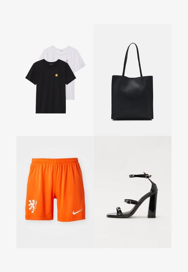 Musta ja valkoinen T-paita, pyöreä kaula-aukko, lyhyet hihat. Mustassa paidassa on keltainen auringon brodeeraus; valkoisessa on violetti puolikuu-aksentti.; Oranssi urheiluhousut, joissa on joustava vyötärö, vasemmassa lahkeessa valkoinen leijonalogo ja oikeassa lahkeessa valkoinen Nike-kaarros.; Musta kiiltävä korkokenkä sandaalit neliönmuotoisella varpaalla, nilkkaremmillä ja hopeisilla soljilla. Varustettu tukevalla lohkokorkealla vakauden takaamiseksi.; Mustapahkainen kangaskassi, jossa on sileä pinta, suorakaiteen muotoinen ja kaksi pitkää kahvaa. Ei näkyvää metalliosaa tai koristeita.